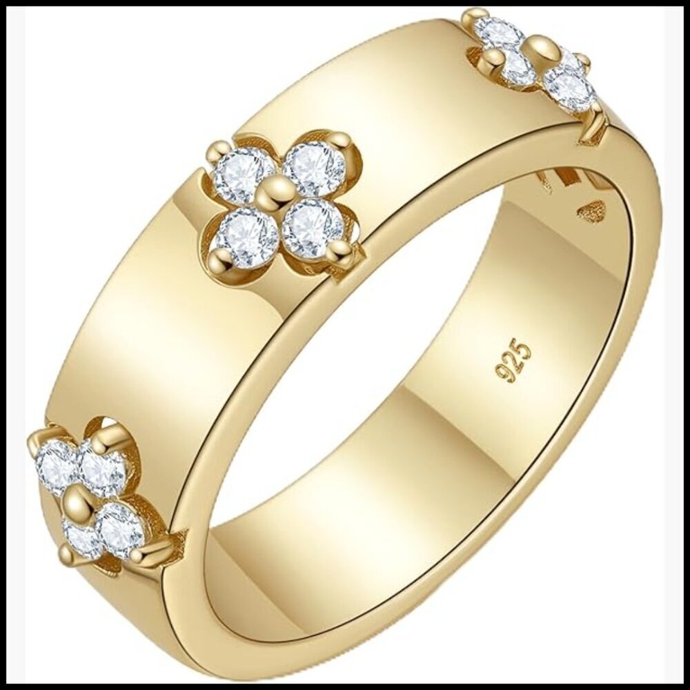 14K Yellow Gold Clover Ring Moissanite 925 Sterling Silver Everyday Casual
